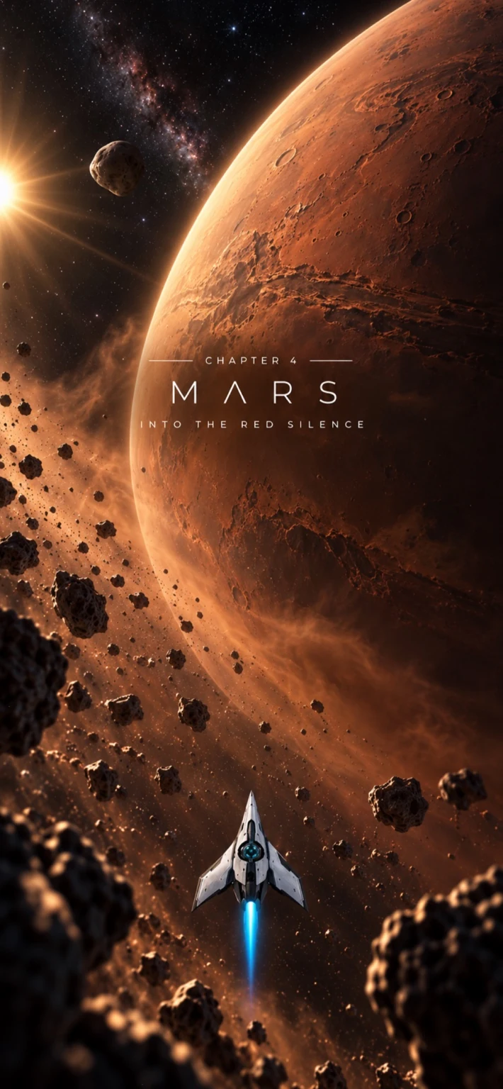 NOMAD IMPULSE — Mars chapter arrival: a small ship flying toward Mars.